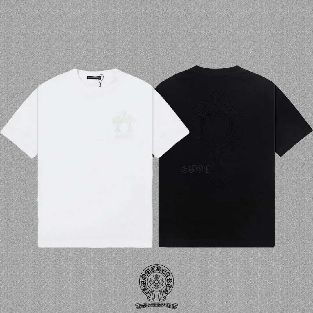 🅿️200 [CH Crow Heart] 2025FW short-sleeved T-shirt, arch bridge embroidery, high-end 26s double yarn 300g fabric, heavy fabric, custom stretcher rib, same cylinder and dye, complete three standards, same style for men and women, color: black, white, size: S M L XL 2XL
